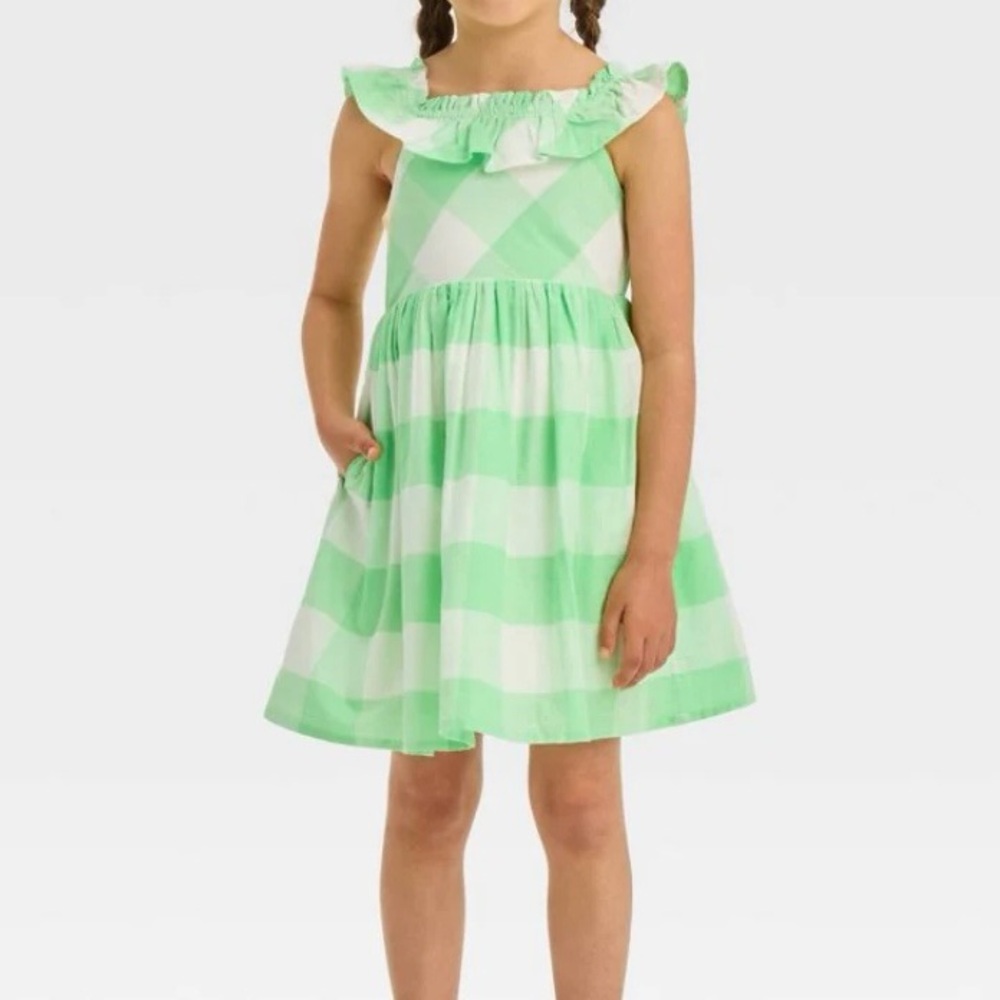 Cat & Jack Gingham Print Ruffle Dress Green White Size 3T